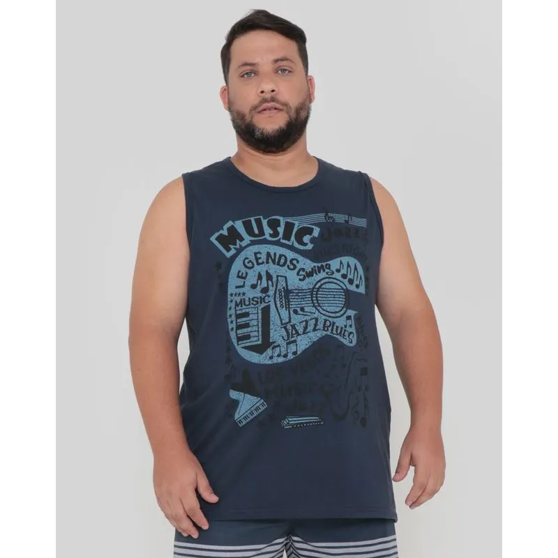 Regata Masculina Plus Size Estampa Music Azul Marinho G3