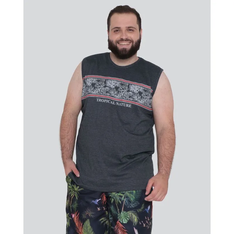 Regata Plus Size Masculina Machão Estampa Floral Cinza Escuro G3