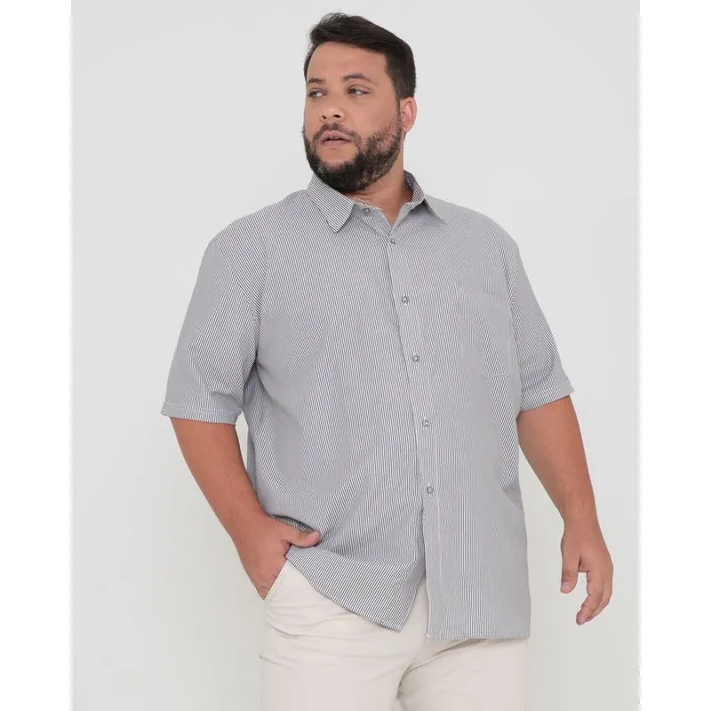 Camisa Social Plus Size Manga Curta Listras Cinza 7