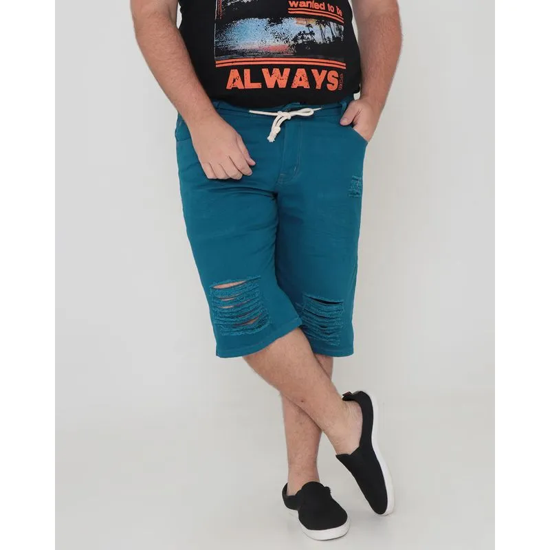 Bermuda Plus Size Masculina Sarja Destroyed Azul 54
