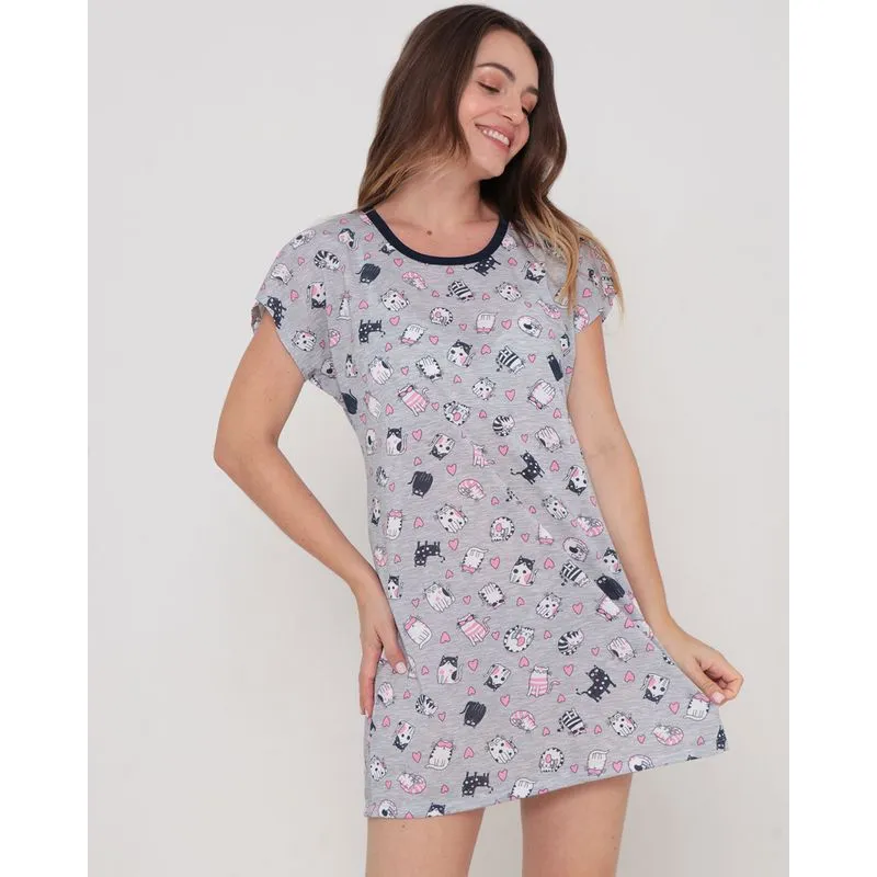 Camisola Curta Estampa Gatos Cinza Claro GG