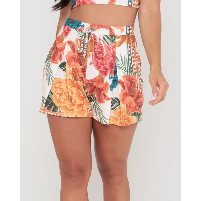 Short Malha Com Pregas Estampa Floral Off White G