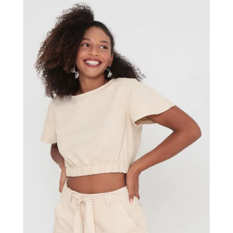 Blusa Cropped Sarja Com Manga Bege G