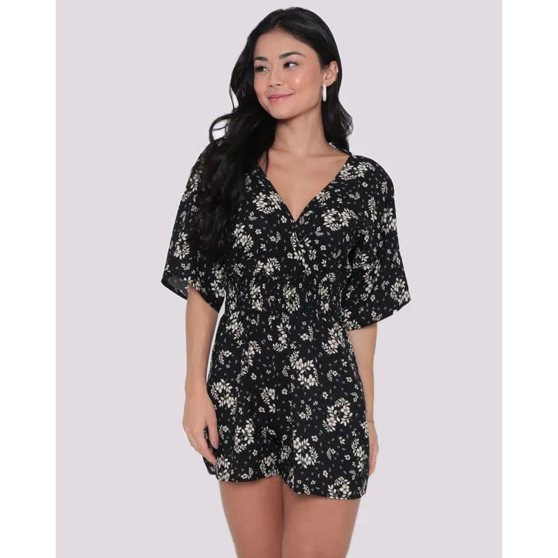 Macaquinho Decote V Estampado Floral Preto P