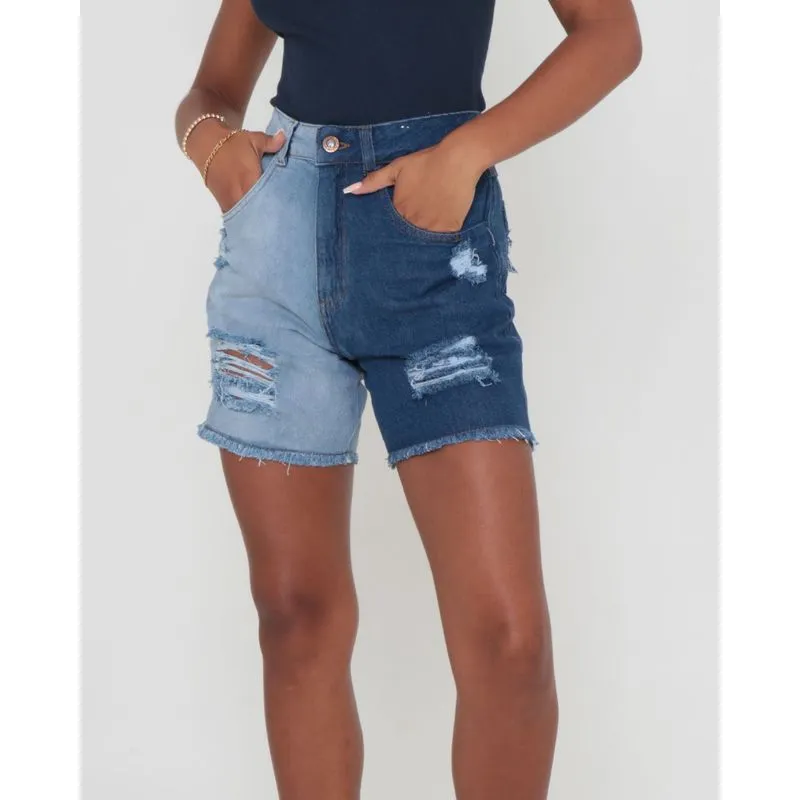 Short Jeans Feminino Mom Destroyed Blue Jeans Médio 40