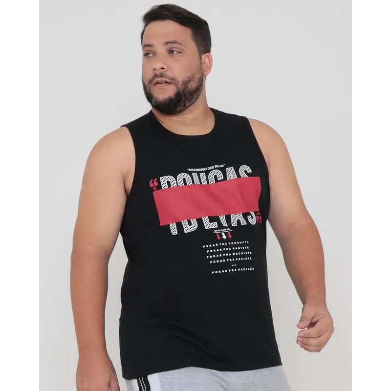 Regata Plus Size Estampa Poucas Ideias Preta G2