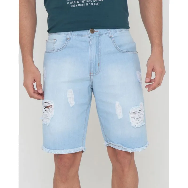Bermuda Jeans Masculina Reta Destroyed Azul 38
