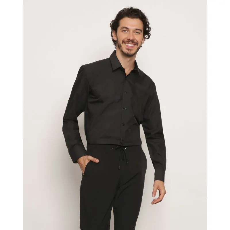 Camisa Masculina Social Manga Longa Bolso Preta 6