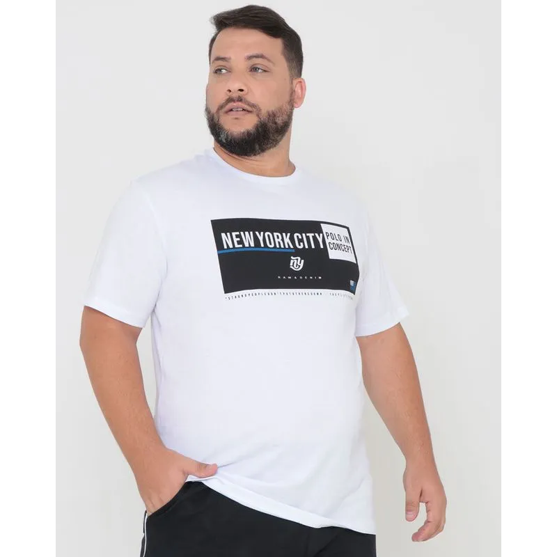 Camiseta Masculina Plus Size Estampa New York City Branca G3