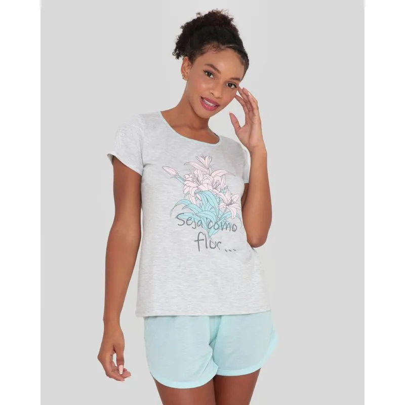 Pijama Feminino Manga Curta Estampa Floral Cinza P