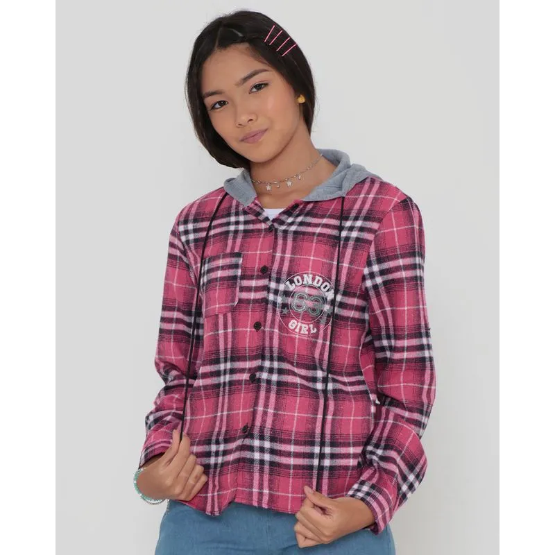 Camisa Infantil Com Capuz Xadrez Rosa 14