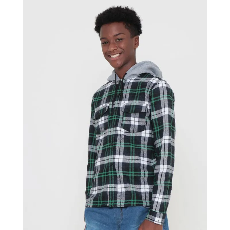Camisa Juvenil Flanelada Com Capuz Xadrez Preta 10
