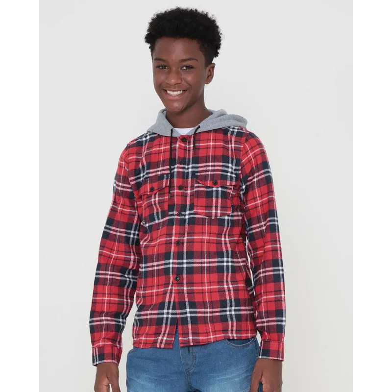 Camisa Juvenil Flanelada Com Capuz Xadrez Vermelha 10