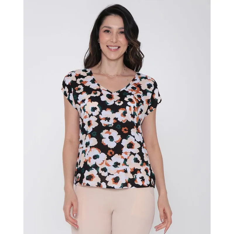 Blusa Viscose Estampa Floral Preta GG