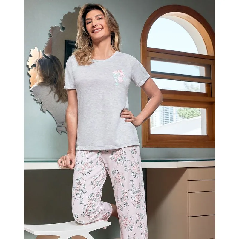 Pijama Feminino Pantacourt Estampa Floral Cinza P