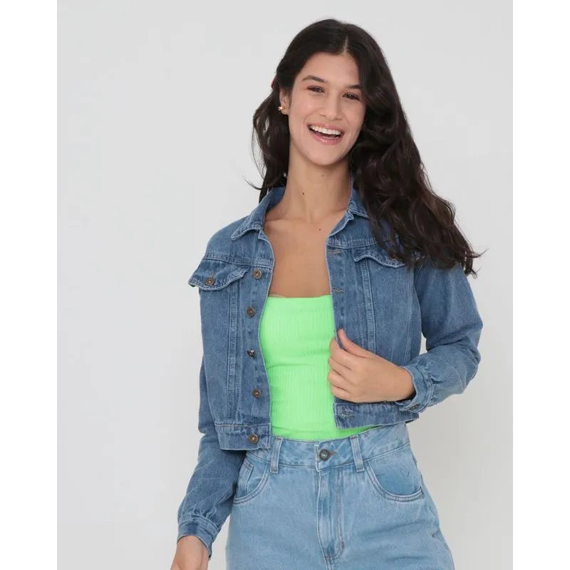 Jaqueta Jeans Feminina Cropped Azul M
