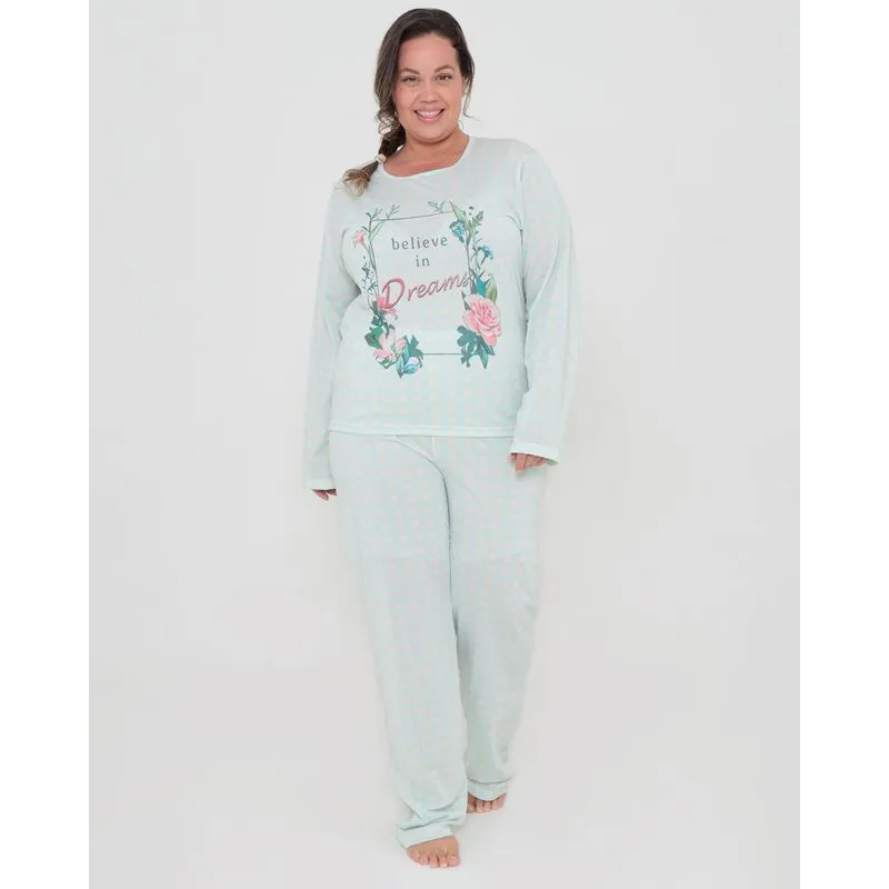 Pijama Plus Size Longo Estampa Floral Verde 48