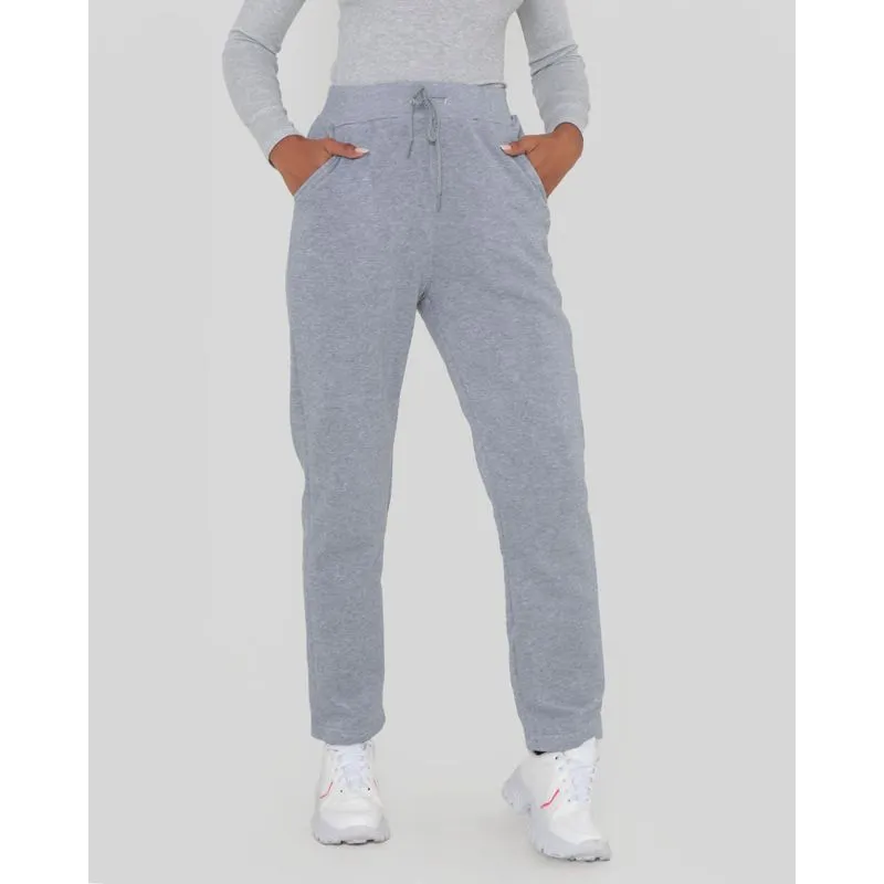 Calça Moletom Feminina Peluciada Reta Com Bolsos Cinza Claro GG
