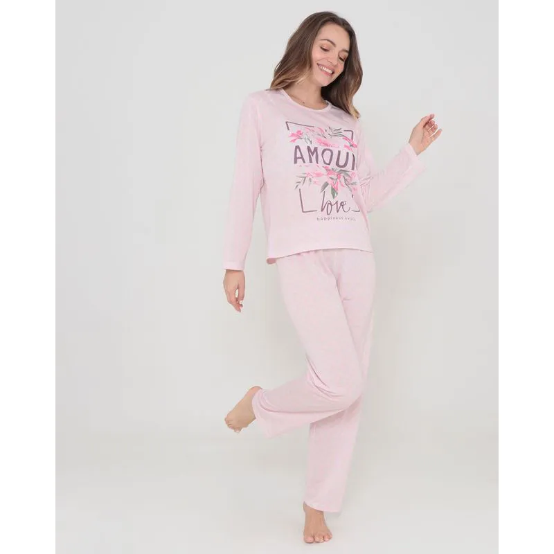 Pijama Feminino Manga Longa Estampa Amour Rosa Claro GG