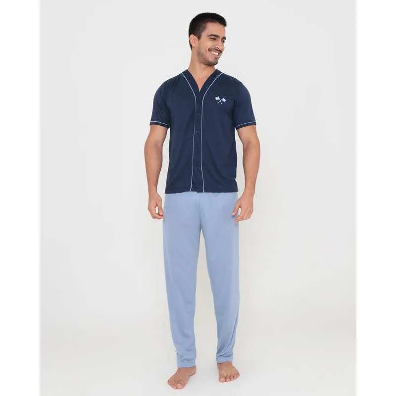 Pijama Masculino Longo Aberto Bordado Marinho G