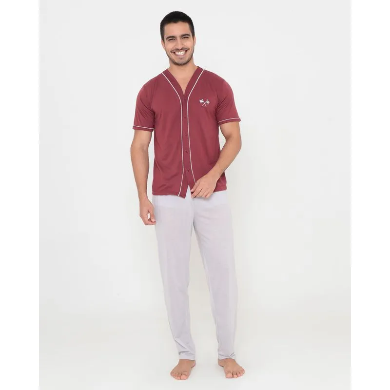 Pijama Masculino Manga Curta Bordado Vinho G