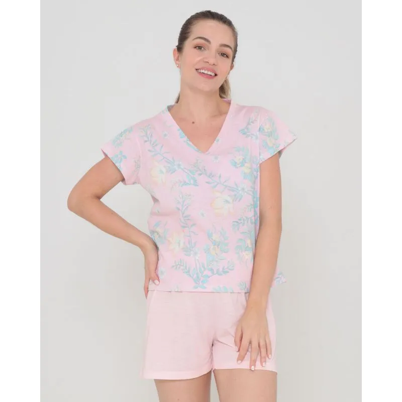 Pijama Feminino Manga Curta Estampa Floral Rosa G