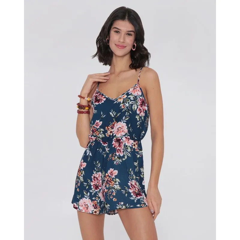 Macaquinho Alcinha Decote V Estampa Floral Azul P