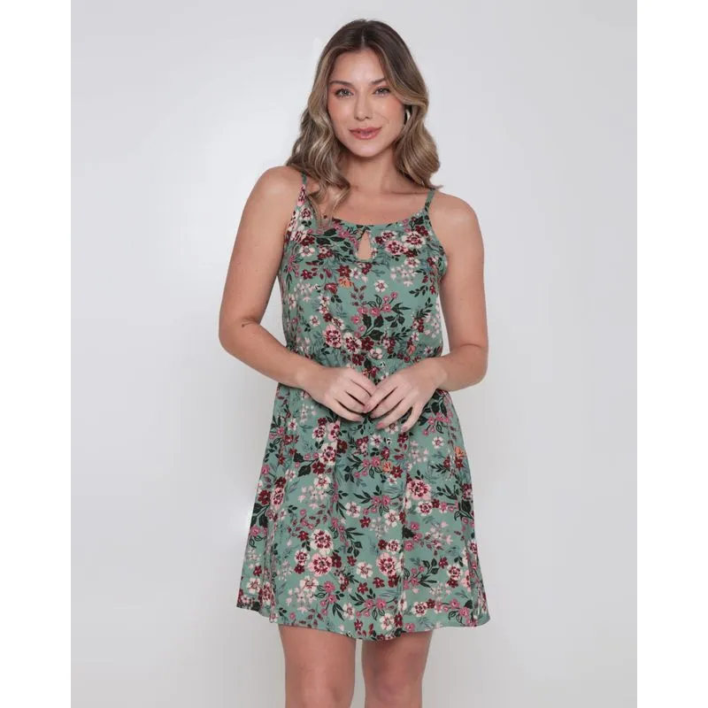 Vestido Alcinha Curto Estampado Floral Verde Médio P