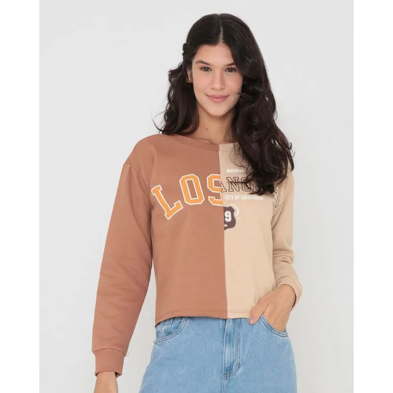 Blusa Cropped Moletom Recorte Bege Claro M