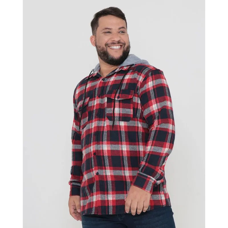 Camisa Plus Size Masculina Xadrez Com Capuz Vermelha G2