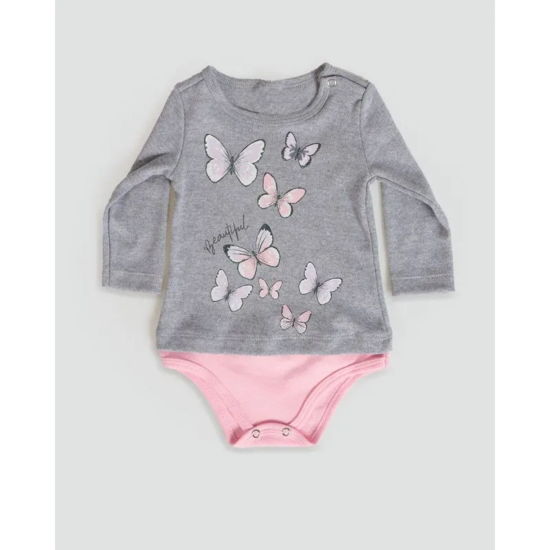 Body Bebê Manga Longa Borboleta Cinza M