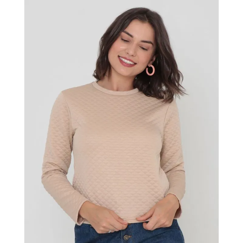 Blusa Feminina Manga Longa Matelassê Bege Claro P