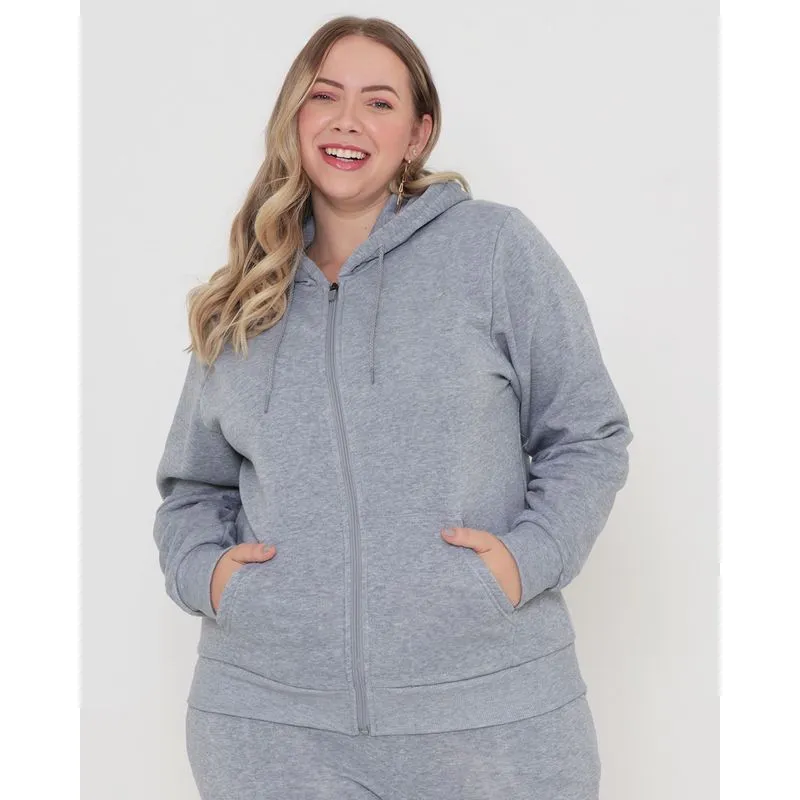 Jaqueta Moletom Plus Size Feminina Com Capuz Cinza G3