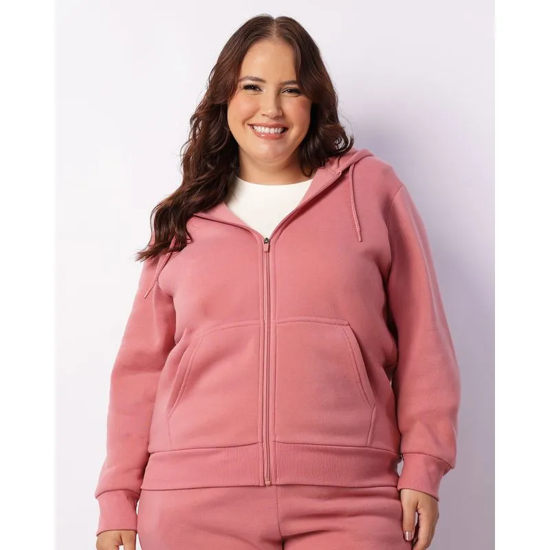 Jaqueta Moletom Plus Size Feminina Com Capuz Rosa G3