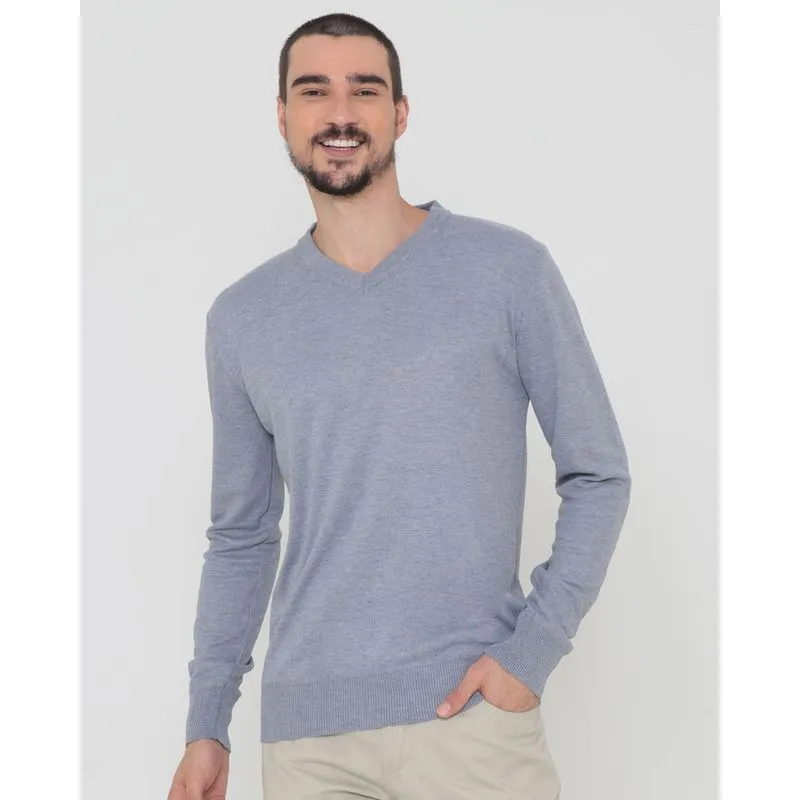 Suéter Masculino Tricô Gola V Cinza Claro GG