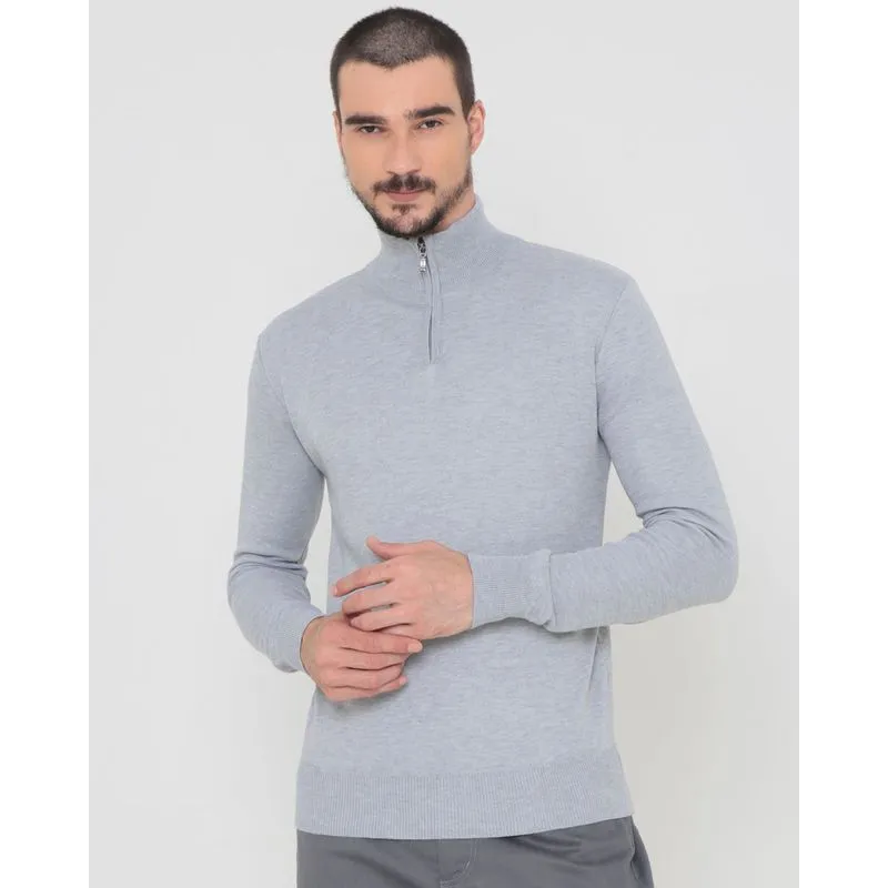 Suéter Masculino Tricô Com Zíper Cinza Claro GG