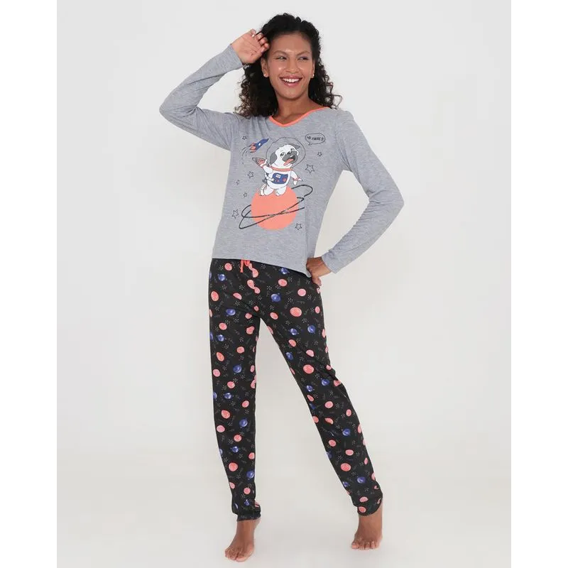 Pijama Feminino Manga Longa Estampa Planetas Cinza M
