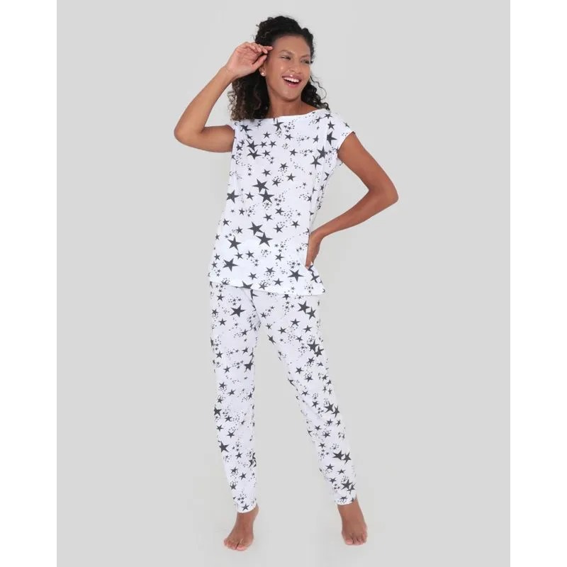 Pijama Feminino Com Calça Estampa Estrela Branco M