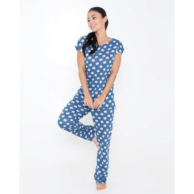 Pijama Feminino Com Calça Estampa Gatinho Azul G