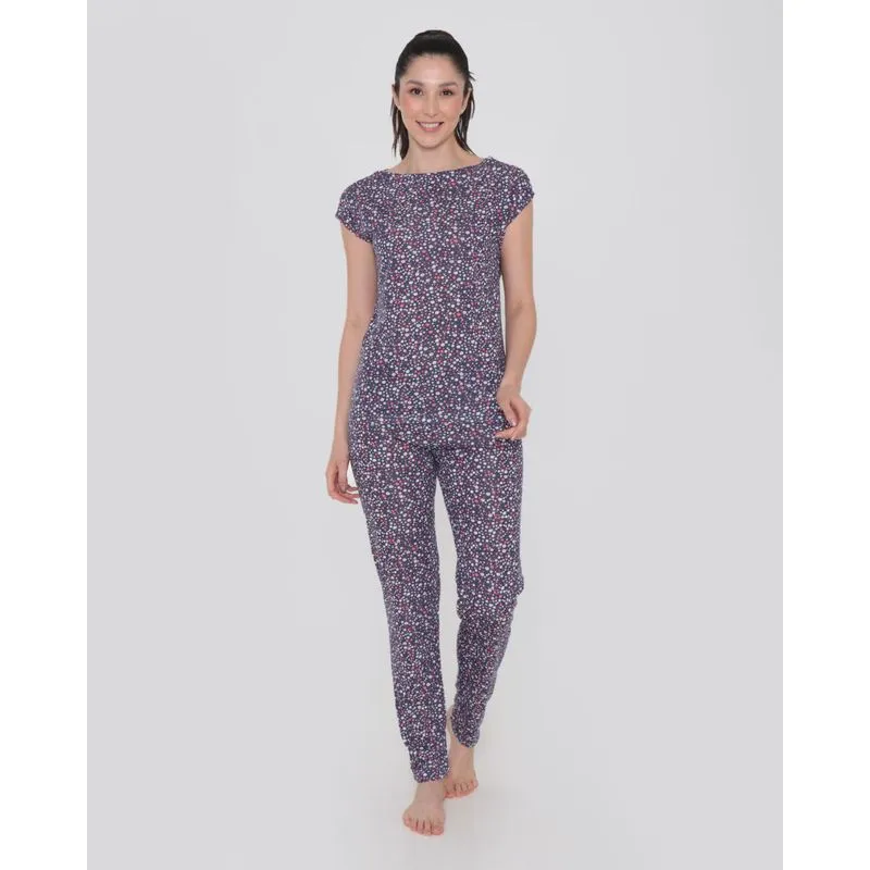 Pijama Feminino Com Calça Estampa Floral Azul P