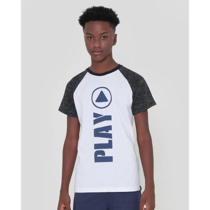Camiseta Juvenil Manga Curta Raglan Estampa Play Branca 16