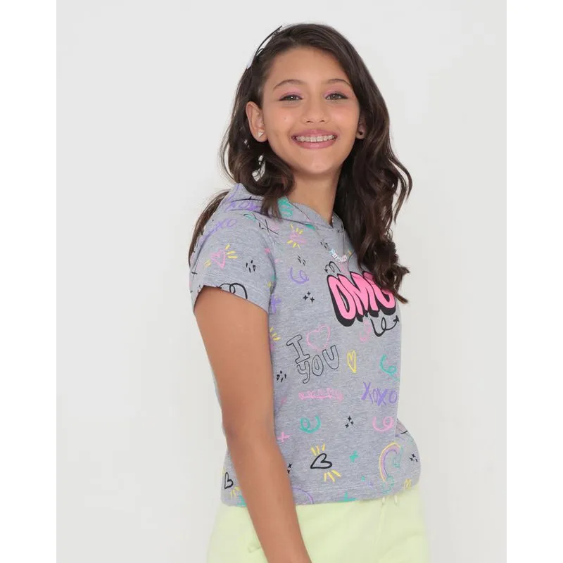 Blusa Juvenil Manga Curta Capuz Estampa OMG Cinza Claro 10