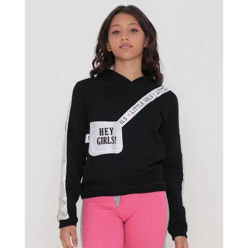 Blusão Moletom Juvenil Capuz Cirre Estampa Hey Girls Preto 14