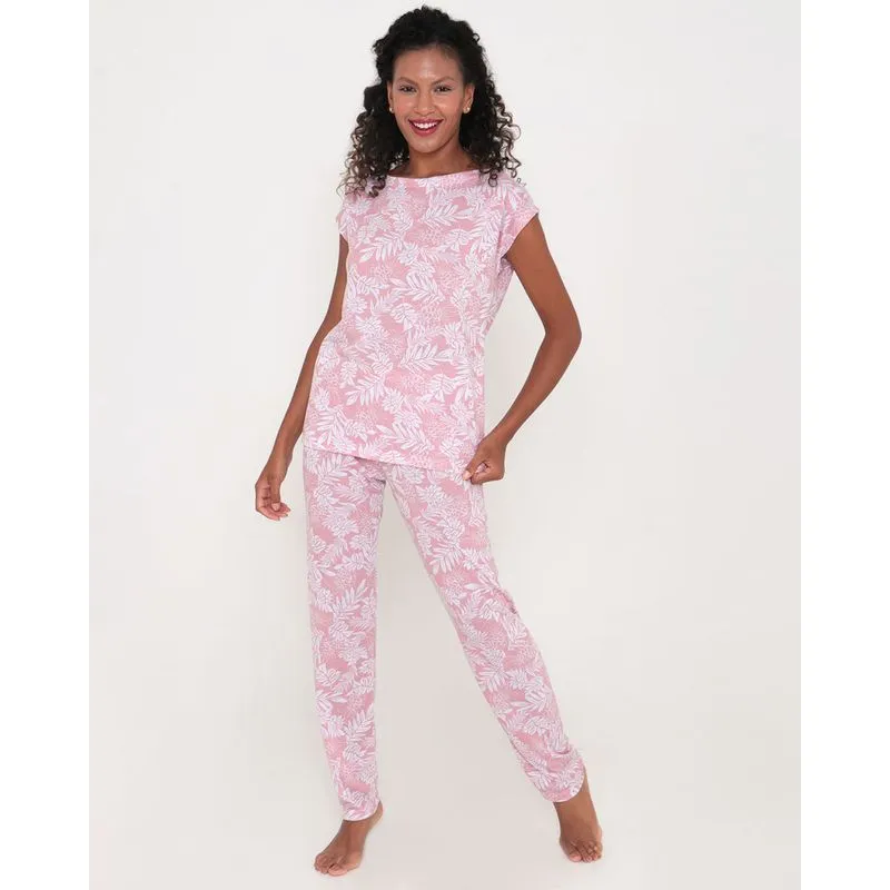 Pijama Feminino Com Calça Folhagem Rosa P