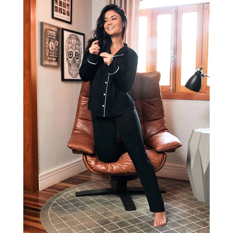 Pijama Feminino Longo Americano Preto GG