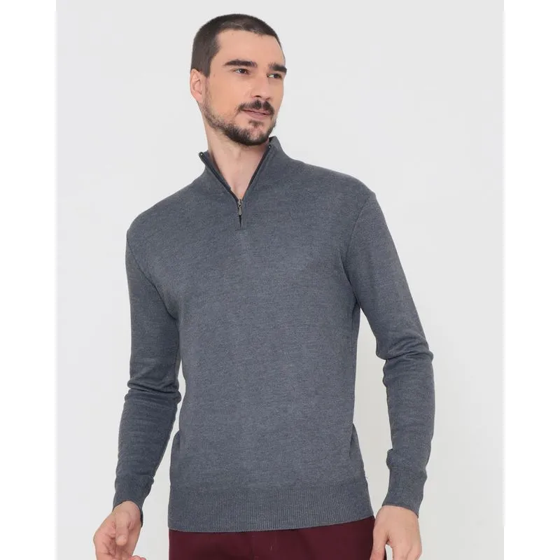 Suéter Masculino Tricô Com Zíper Cinza GG