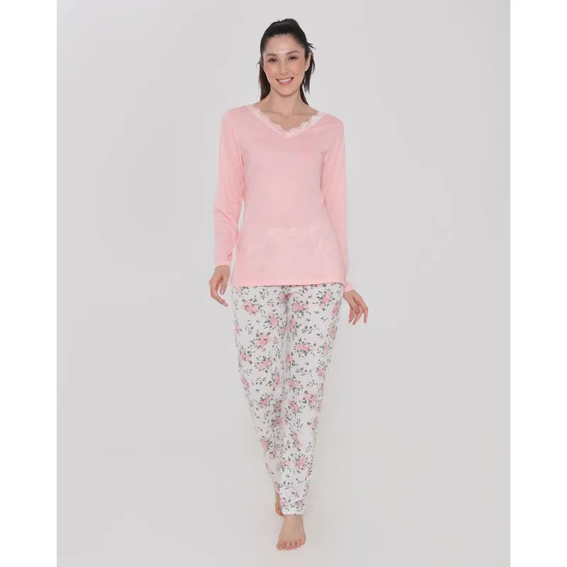 Pijama Feminino Longo Floral Rosa Claro G