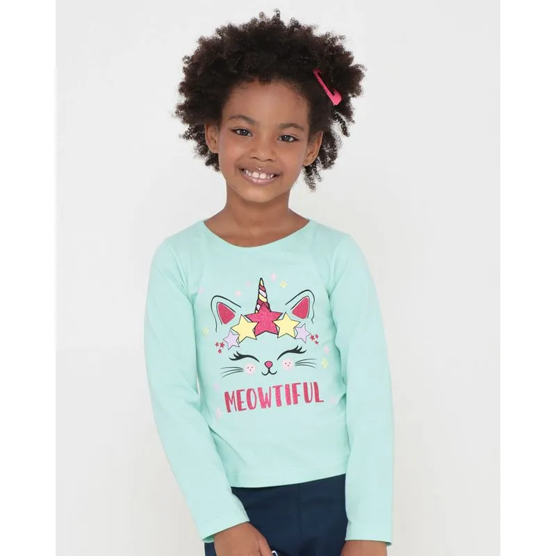 Blusa Infantil Manga Longa Estampa Gatinha Unicórnio Verde Claro 4