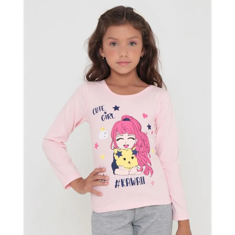 Blusa Infantil Manga Longa Estampa Cute Girl Rosa 6