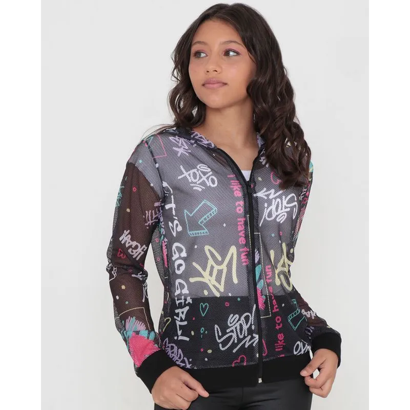 Jaqueta Tela Juvenil Com Capuz Estampada Preta 16